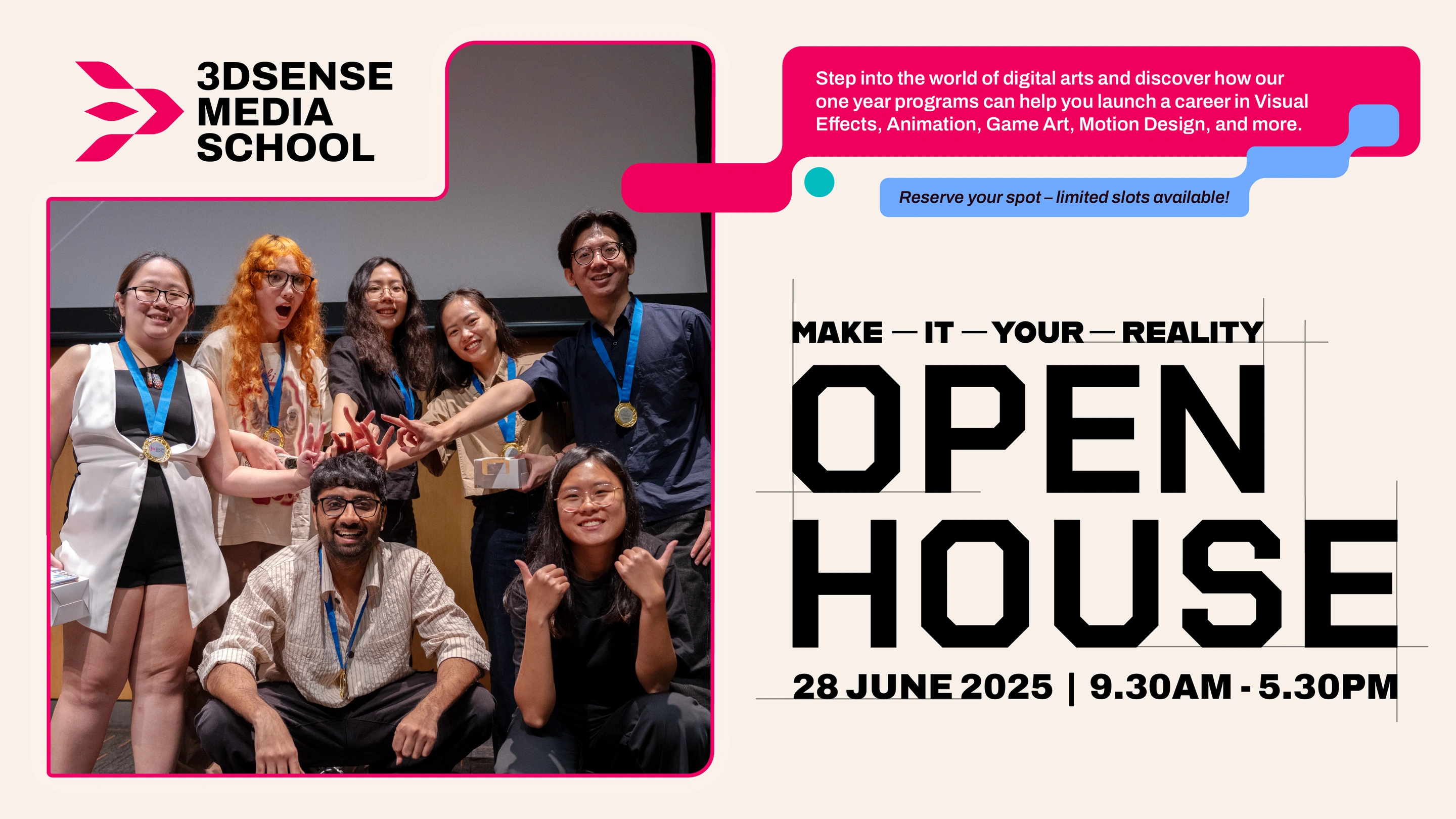 3dsense Media School students featured on vibrant Open House banners promoting the June 28, 2025 event.