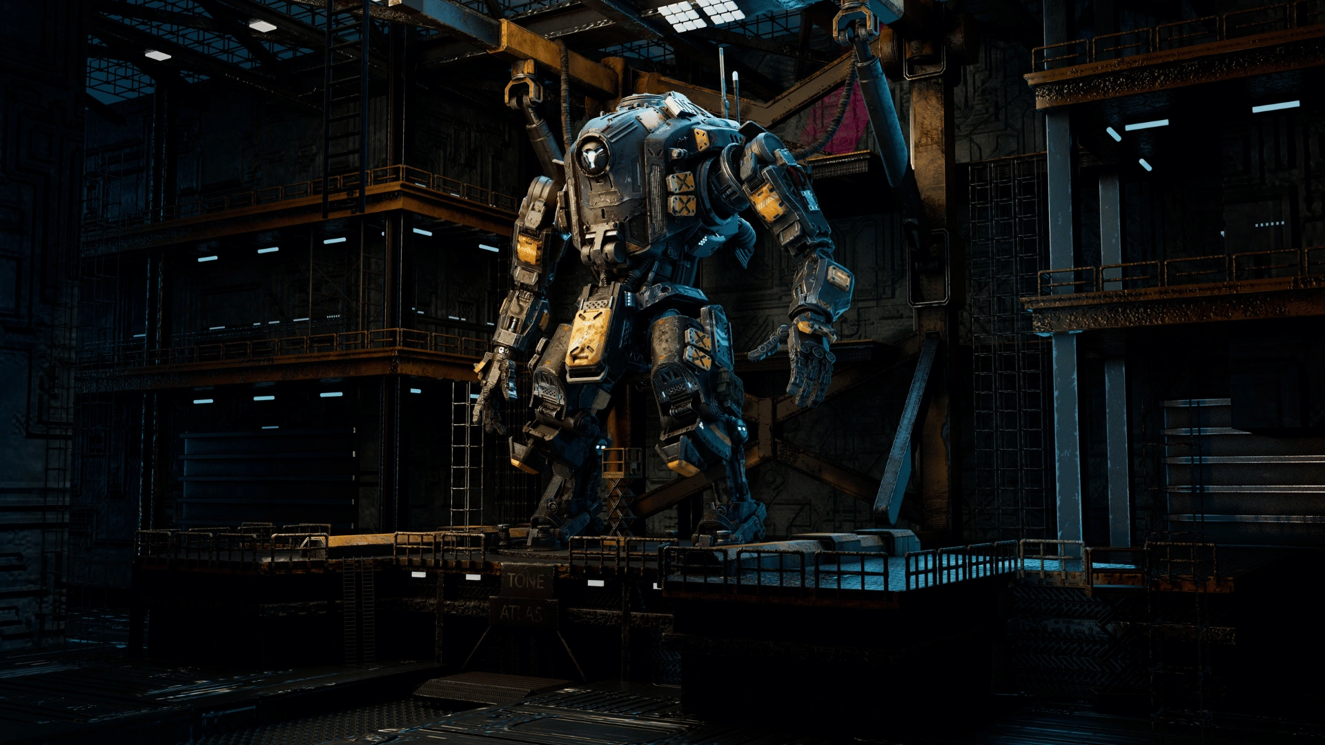 Game art character 3D render by 3dsense alum, Baheti Ash Rajesh. A large industrial mech stands on a platform in a dimly lit factory, surrounded by metal structures and blue lighting.