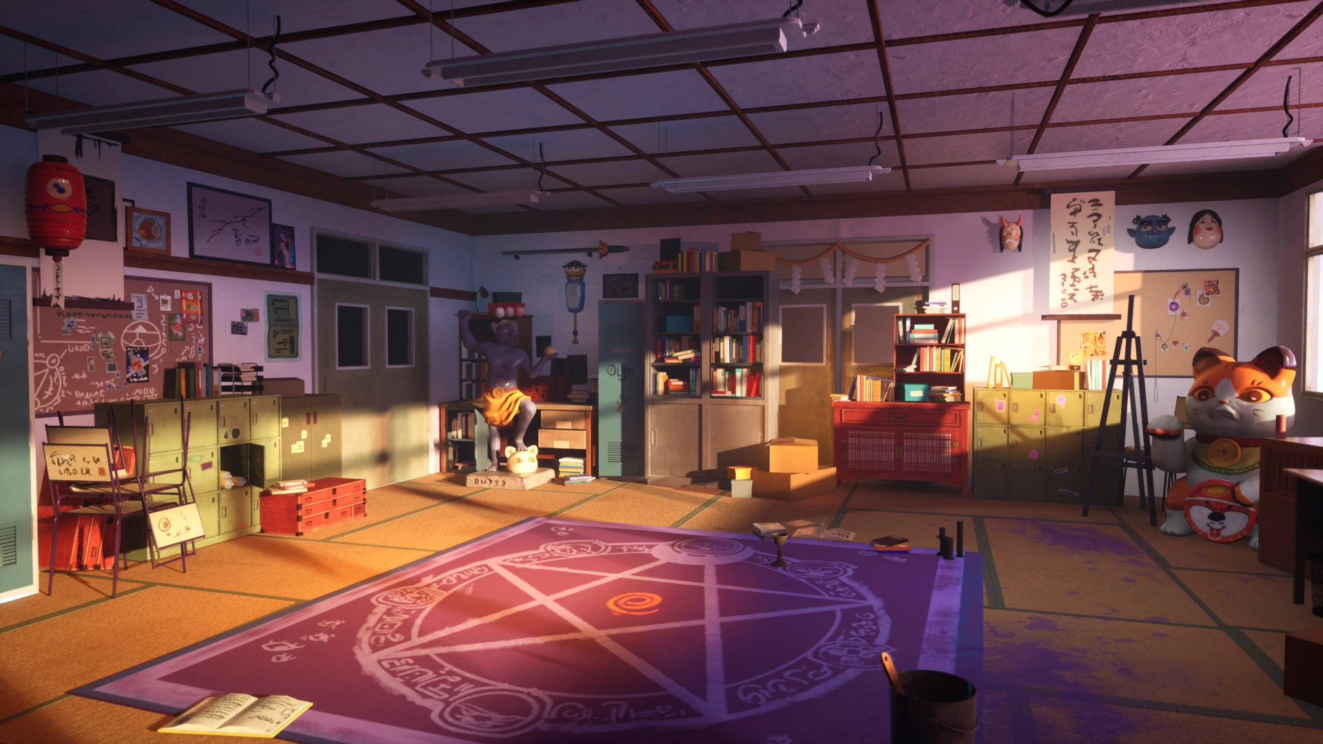 Game art character 3D render by 3dsense alumna, Nur Tahira Binte Hairon. A cozy room filled with shelves of books, image frames, and various cultural decor, including a cat statue.