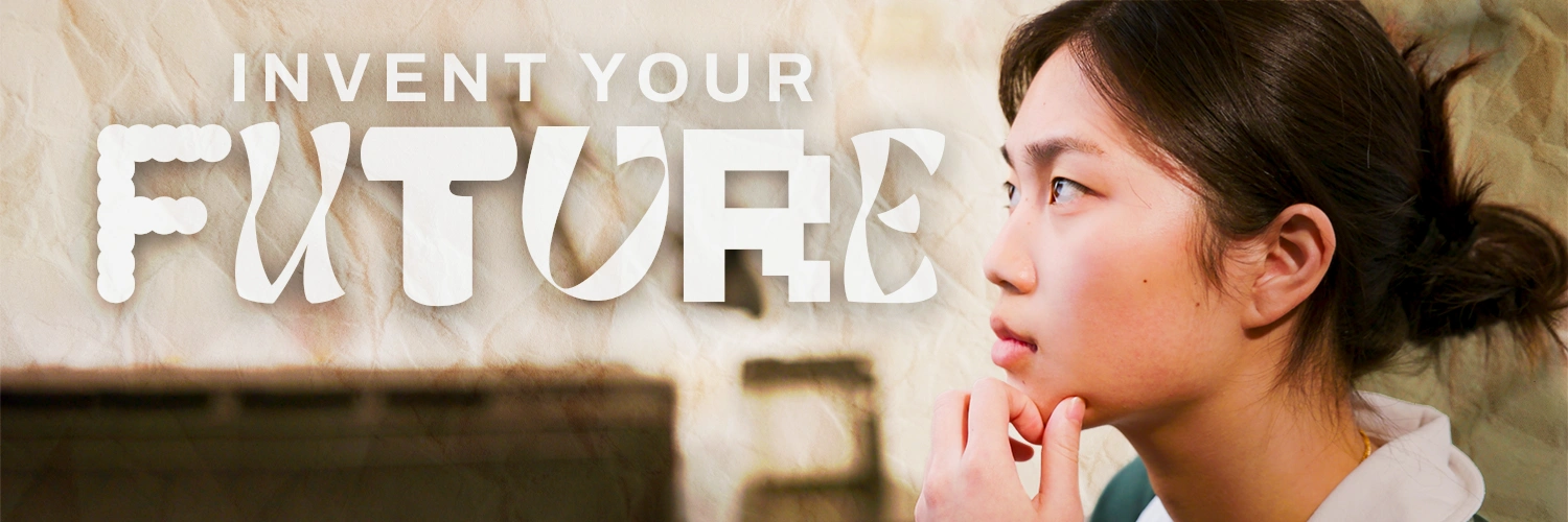 A student looks thoughtful, her hand on her chin, beside the text