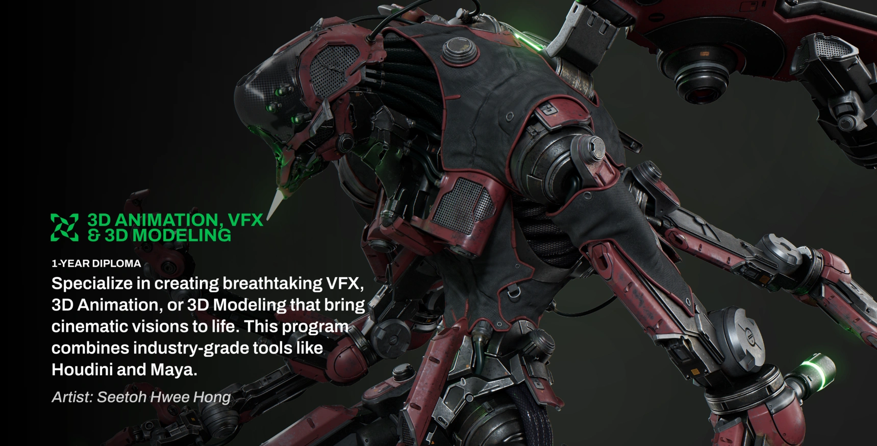 A detailed 3D model of a humanoid robot, showcasing advanced VFX and design elements, with educational text about a diploma program.