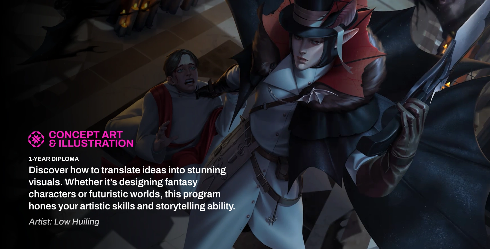 A striking concept art scene showcasing a dynamic interaction between two characters amidst a shadowy, atmospheric background.