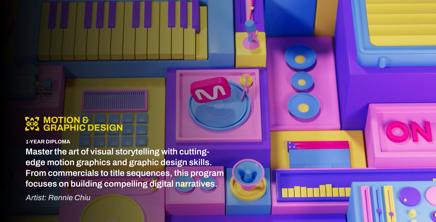 Colorful 3D design elements symbolizing graphic design and motion graphics, featuring a record player, keyboard, and vibrant shapes.