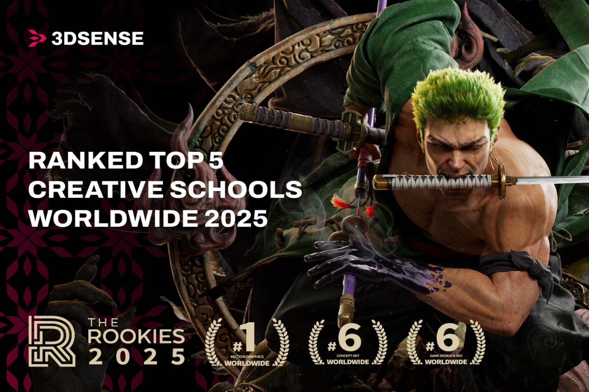 Graphic reading Ranked Top 5 Creative Schools Worldwide 2025, shown with student character artwork and The Rookies 2025 award badges.