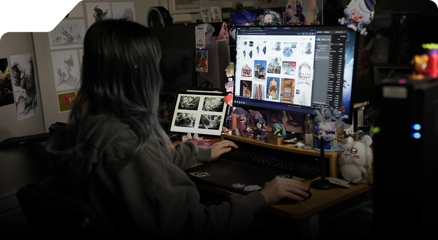 3dsense student doing her assignment at her personalized desk