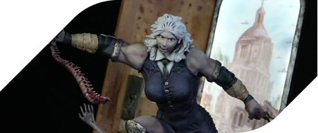 A muscular figure in a dark dress wields a weapon, poised dynamically against a backdrop featuring a distant cityscape.
