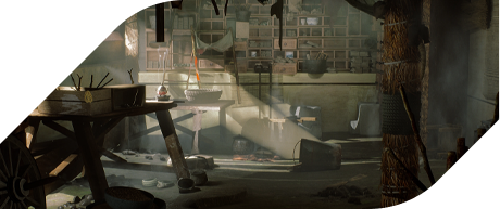 A dimly lit workspace is filled with scattered tools and shafts of light filtering through, creating a mysterious atmosphere.