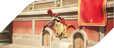 A character in dynamic motion, leaping with exaggerated fists, against a vibrant red wall and ornate architecture.