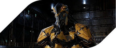 A close-up of a futuristic robot with yellow and black armor, standing in a dimly lit industrial space with metal walls.