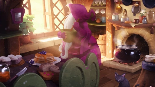 A kitchen with a wizard in a purple robe stirring a cauldron, surrounded by baked goods, a cat, and sunlight streaming in.