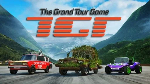 Three quirky vehicles are showcased against a scenic mountainous backdrop, featuring