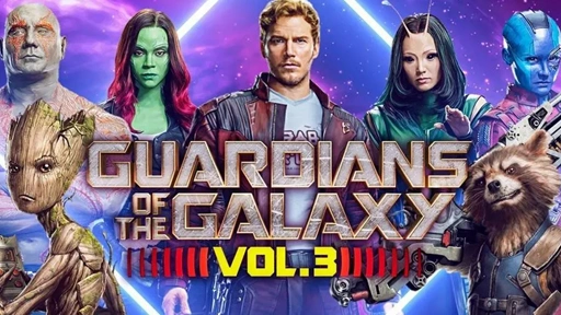 A vibrant poster featuring the Guardians of the Galaxy characters with the title