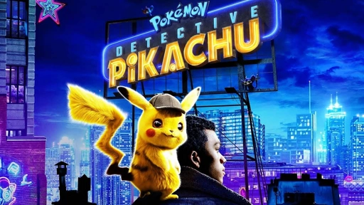 A vibrant city skyline at night features Detective Pikachu with a hat, alongside the main character under a neon movie title.
