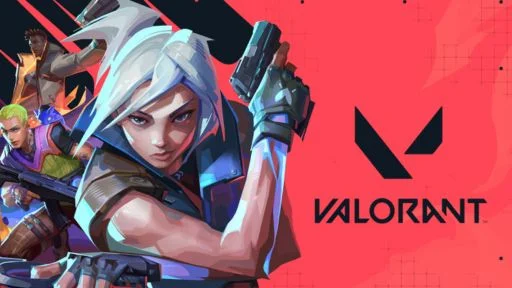 A group of stylized characters from Valorant posing dynamically against a vibrant red background with the game's logo.