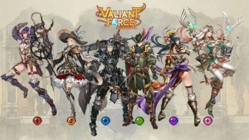 A lineup of six fantasy characters from Valiant Force, showcasing diverse armor and weapons, with the game logo above.