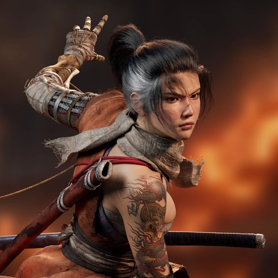 A fierce warrior, poised with a red sword, showcases intricate tattoos amidst a backdrop of flames and smoke.
