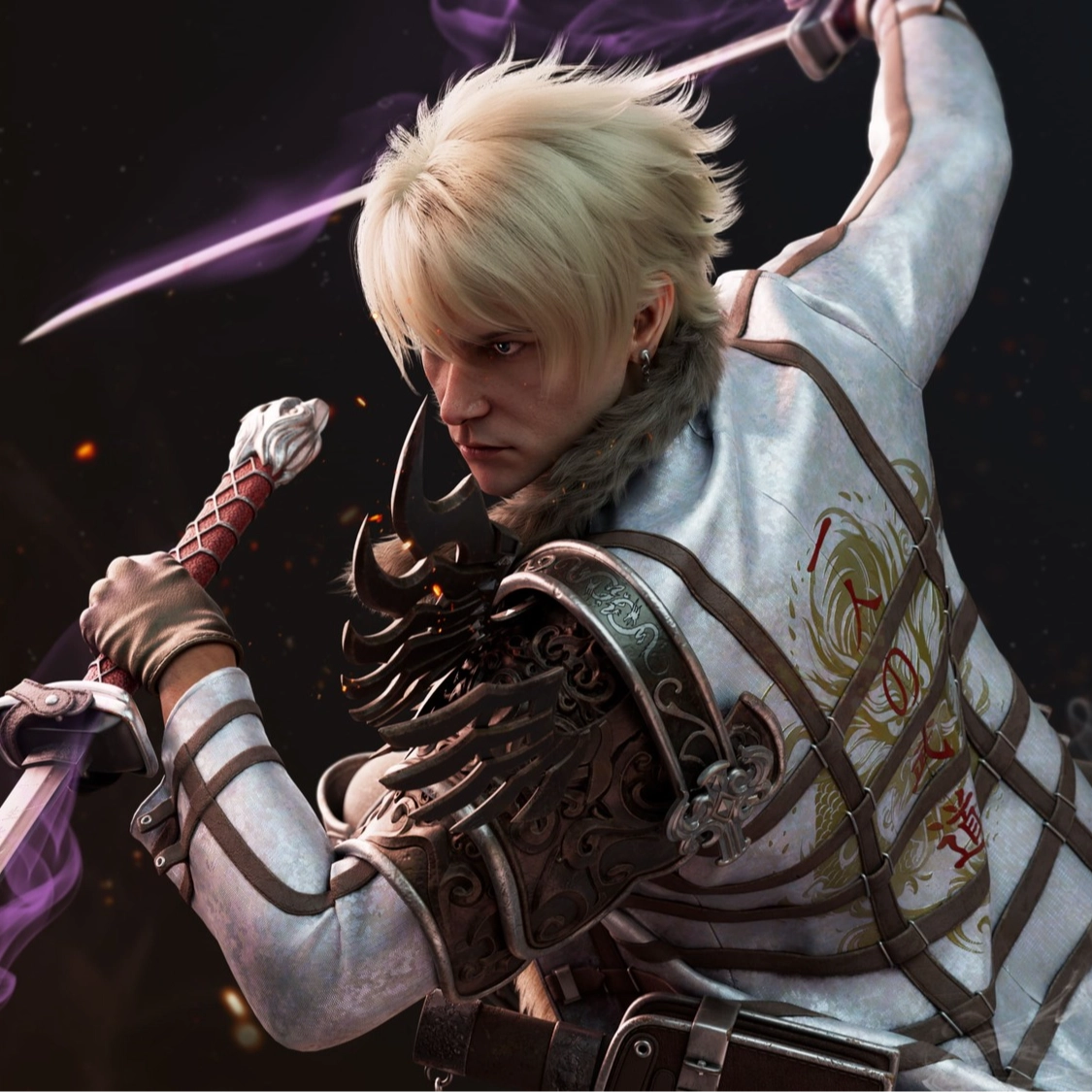 A warrior in ornate armor wields a glowing sword, surrounded by swirling purple smoke and a dark, fiery background.