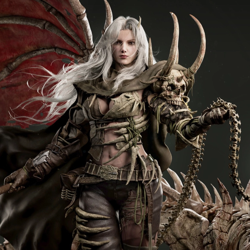 3D character with white hair, clad in dark, tattered armor, holding a chain and surrounded by bone-like wings and creatures.