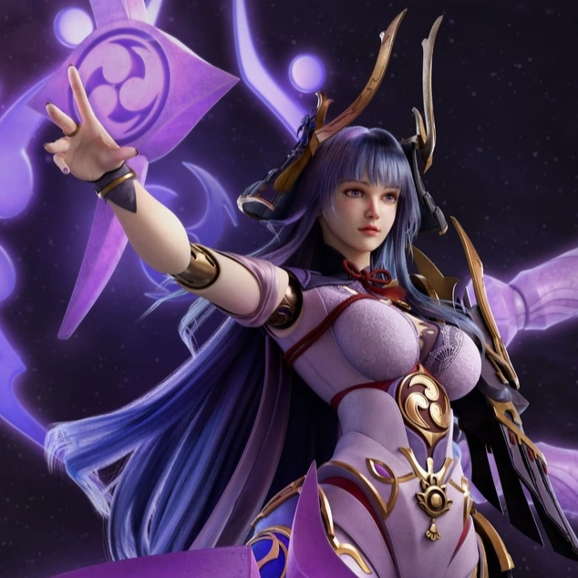A mythical figure adorned in sleek armor, surrounded by glowing purple elements, gestures with multiple arms and a weapon.