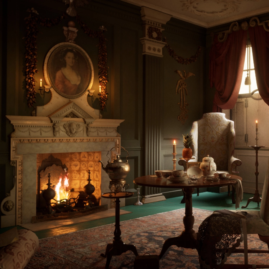 A cozy, elegantly decorated room featuring a fireplace, vintage furniture, and soft candlelight casting a warm glow.