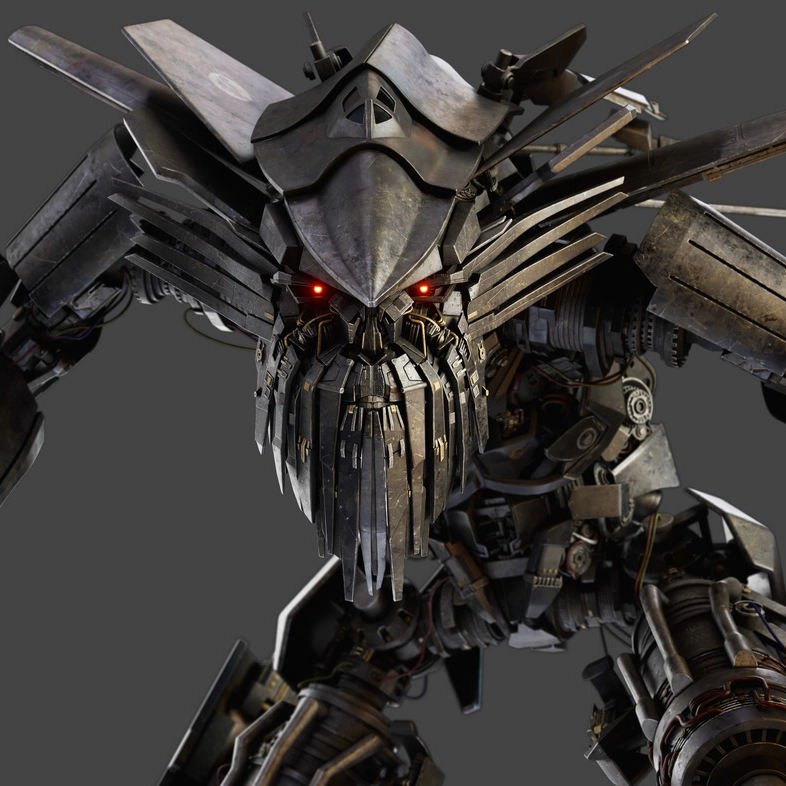 A menacing, detailed robot with glowing red eyes stands on a circular platform, holding a staff, against a gray backdrop.