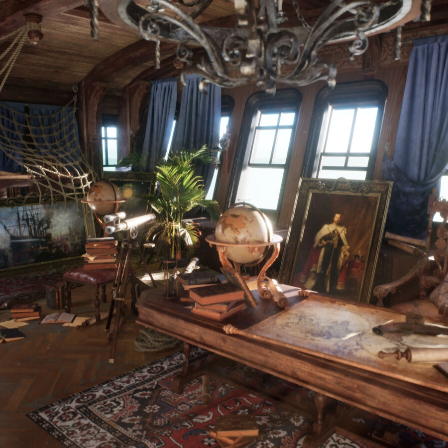 A cozy, nautical-themed study with wooden decor, a ship's wheel, globe, old books, and paintings, bathed in natural light.