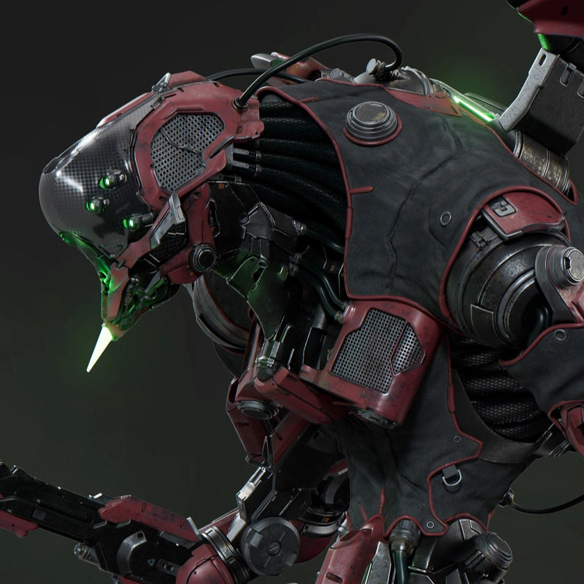 A highly detailed, imposing red and black robotic figure, featuring glowing green accents and intricate mechanical joints.