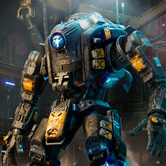 A large, futuristic mecha robot stands in a dimly lit industrial environment, illuminated by lights and surrounded by mist.