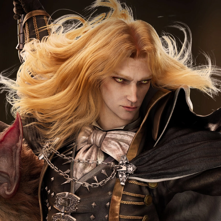 A fierce character with long blonde hair, draped in a dark, ornate cloak, accompanied by a snarling bat creature.