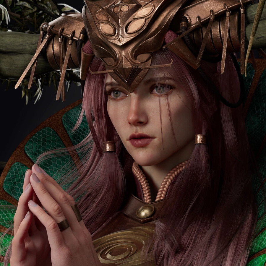 A figure adorned in elaborate green and bronze attire stands amidst natural elements, hands clasped in a meditative pose.