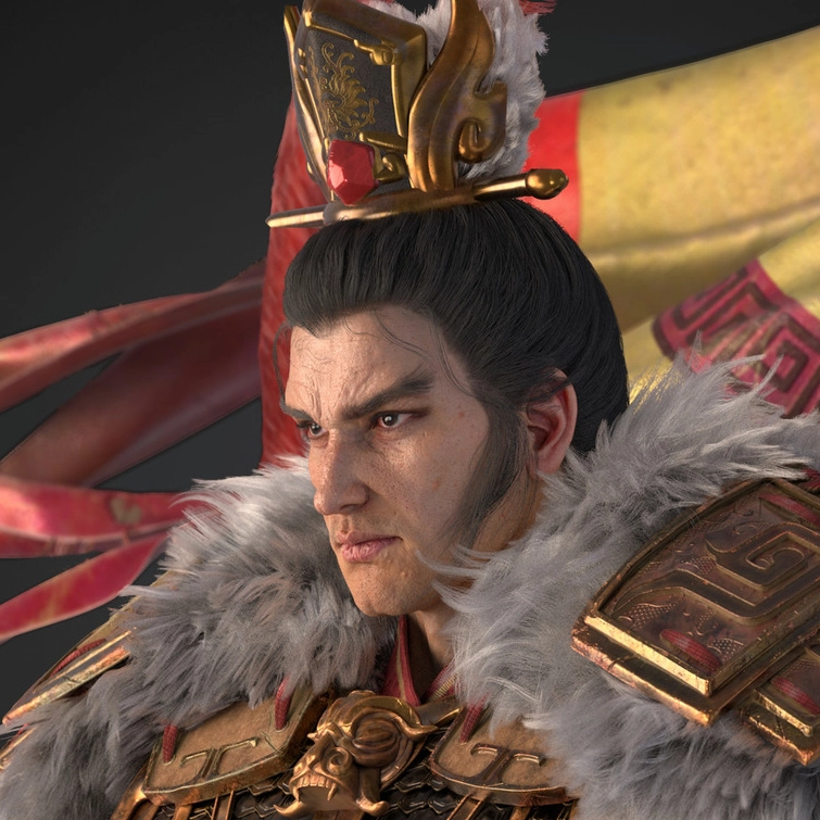 A warrior dressed in ornate armor with gold detailing and fur accents, against a vibrant flag with Chinese symbols.
