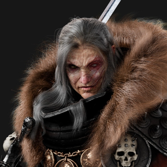 A heavily armored warrior clad in ornate gear, featuring spikes, fur, wielding a sword and adorned with various accessories.