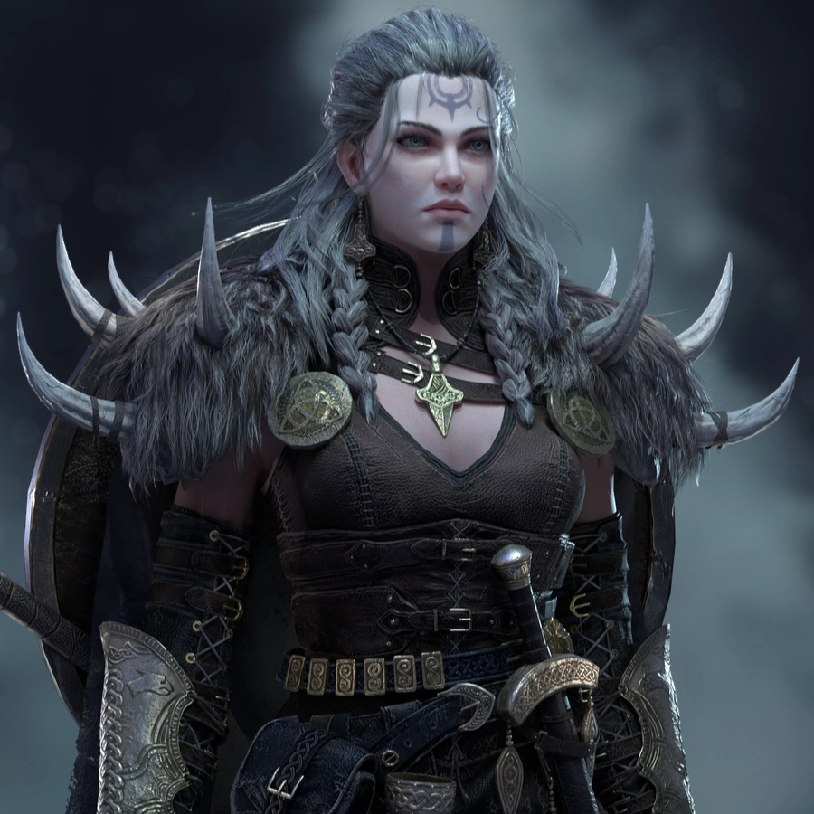 A female warrior in dark armor with fur and metal, adorned with intricate accessories, with a sword and shield on her back.