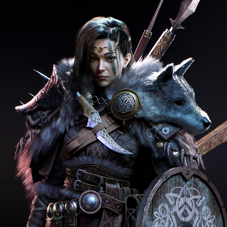 A female warrior in fur-lined armor holds a shield and a large axe, showcasing intricate patterns and details.