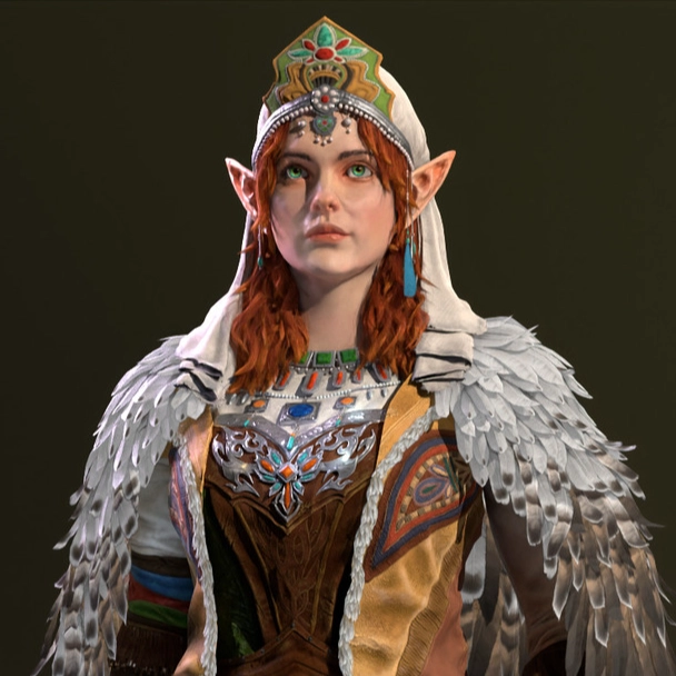 A fantasy character with a bow, in ornate clothing and feathers, stands confidently on a misty forest floor.