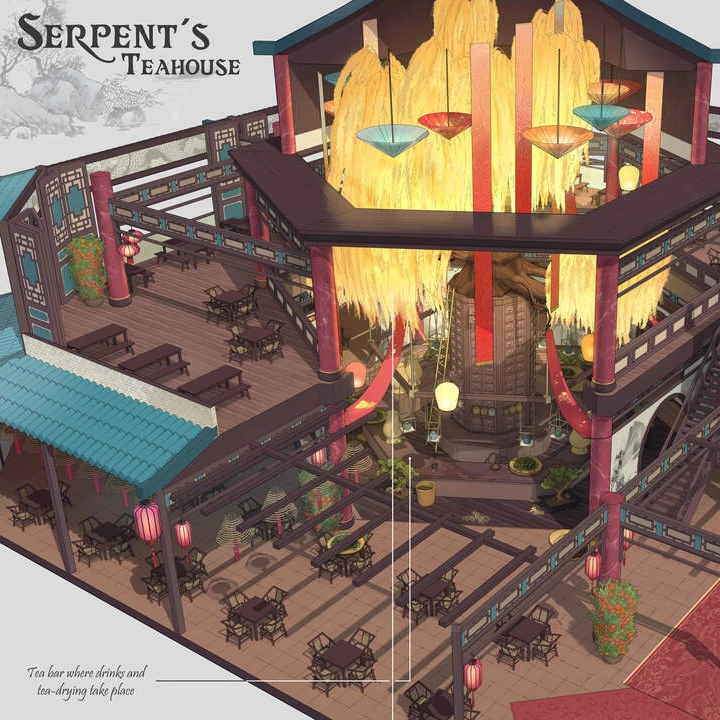 An intricate illustration of the Serpent's Tea House, vibrant decor, and a mystical willow tree centerpiece.