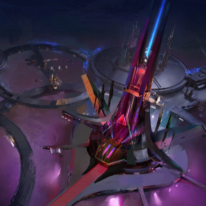 Aerial view of Asterion University at night, featuring vibrant, illuminated towers and circular structures.