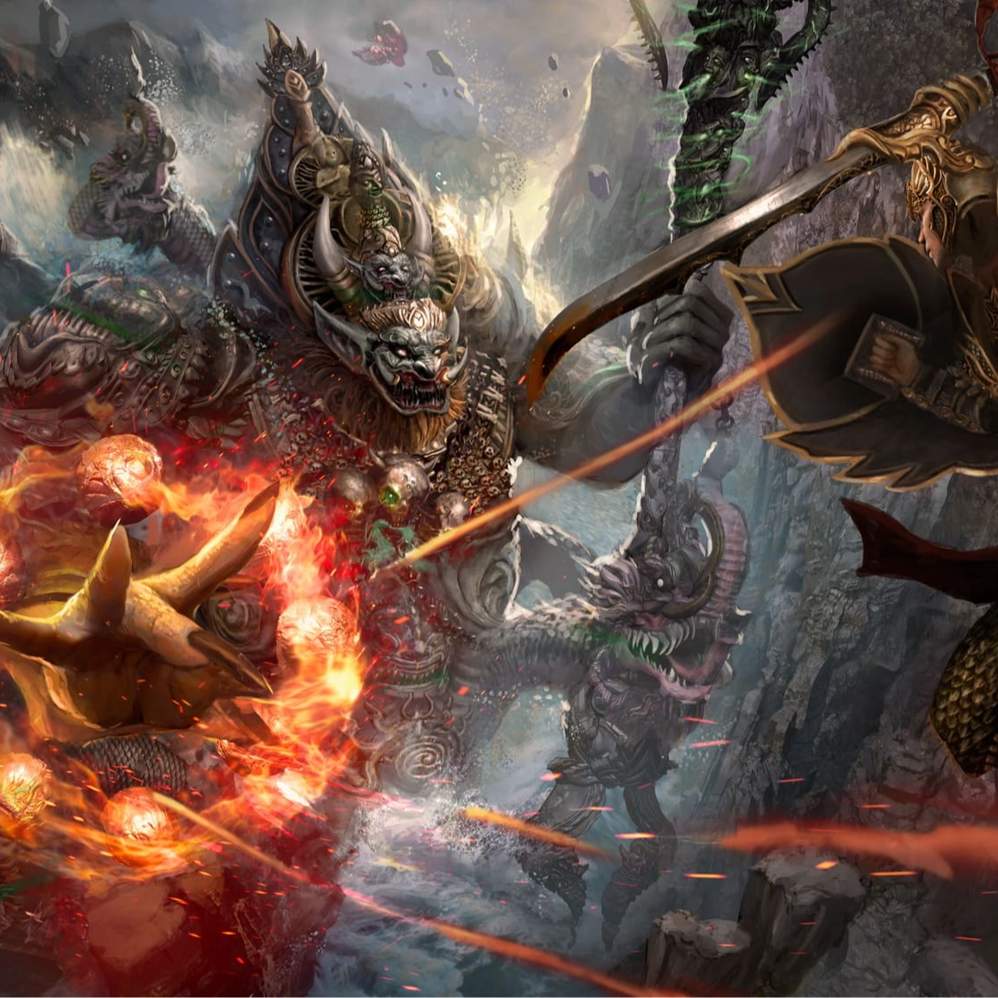 A fierce battle scene between a warrior and a giant monster, featuring elements of fire and magic amidst a rugged landscape.