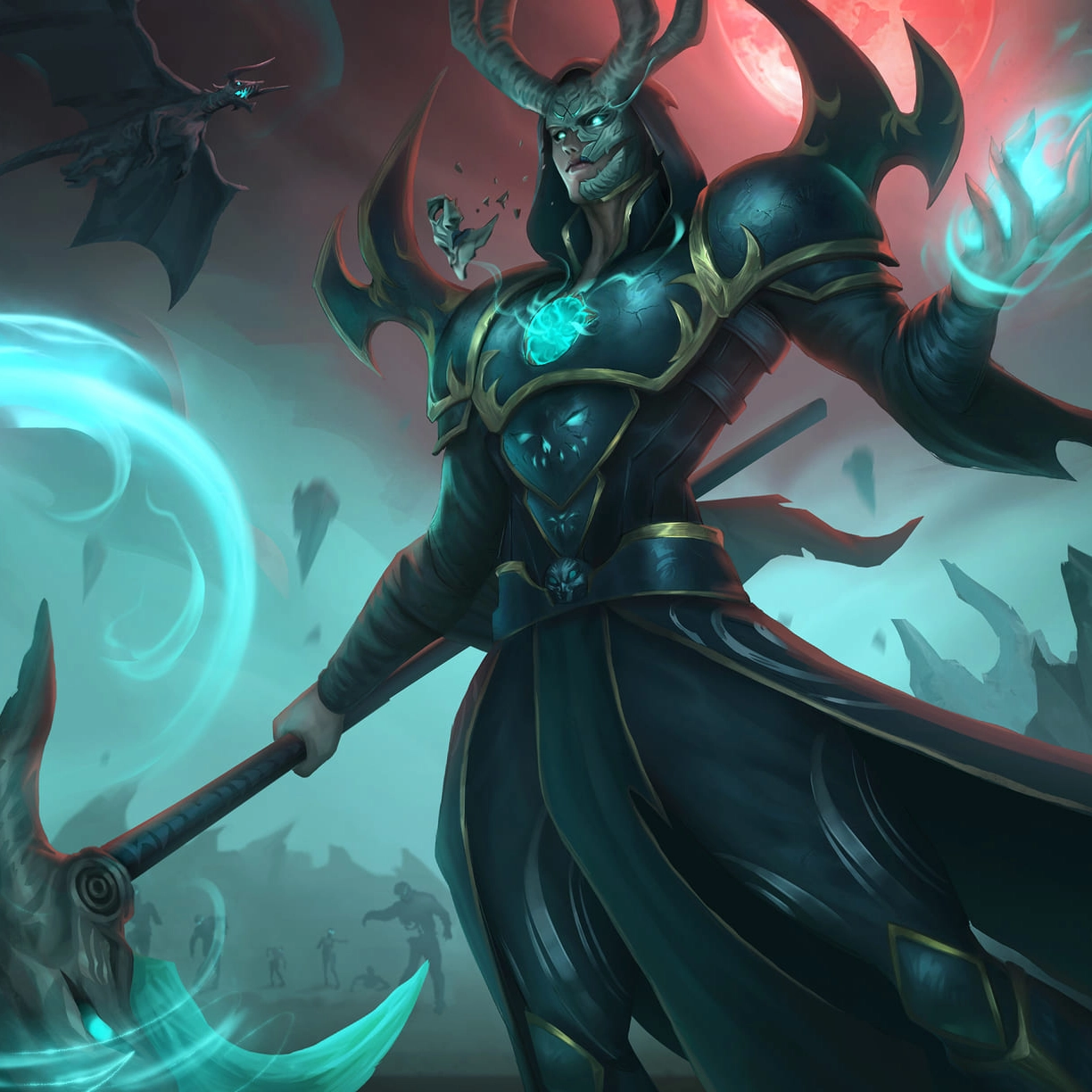 A menacing figure in dark armor wields a staff, surrounded by eerie mist and looming shadows, under a red moon.