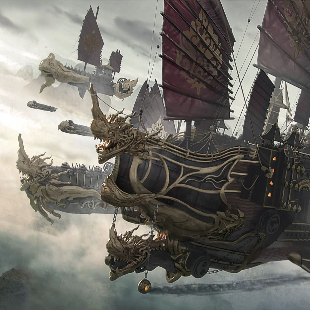 A fleet of ornate skyships with dragon-themed designs sails through a foggy sky, surrounded by mystical landscapes.