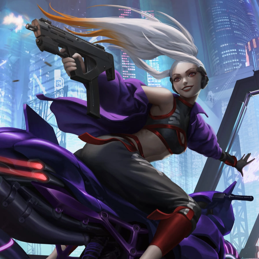 A smiling character rides a futuristic purple motorcycle, wielding a gun against a vibrant cyberpunk city backdrop.
