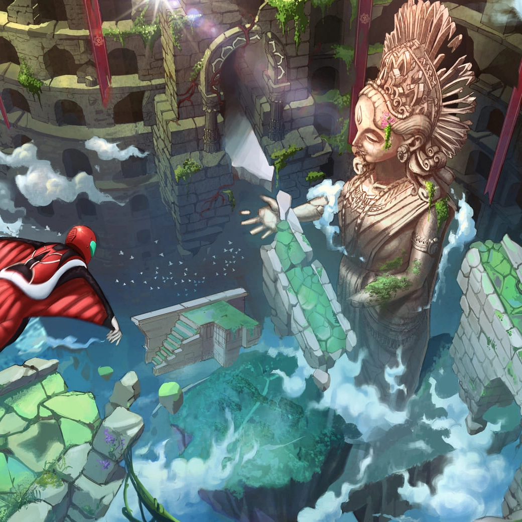 A red wingsuit diver soars above a colossal ancient statue surrounded by ruins and clouds in a vibrant fantastical landscape.