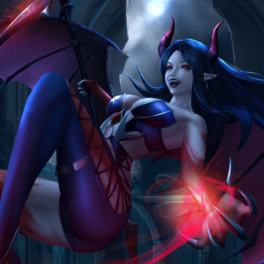 A winged demoness in a red accent attire wields a glowing orb, set against a dark gothic background and swirling shadows.