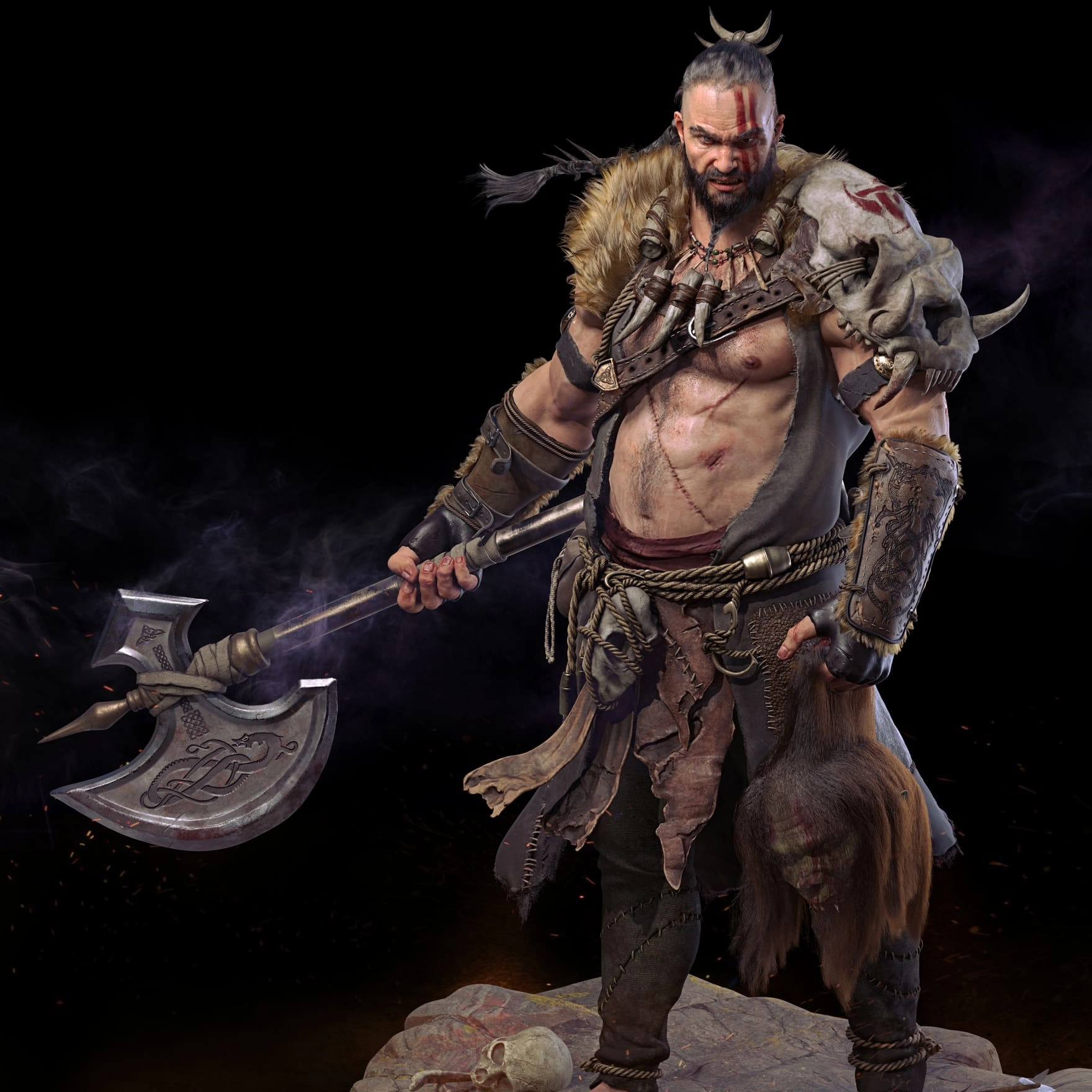 A muscular warrior stands on rocky terrain, wielding a large axe, dressed in rugged attire with fur and leather details.