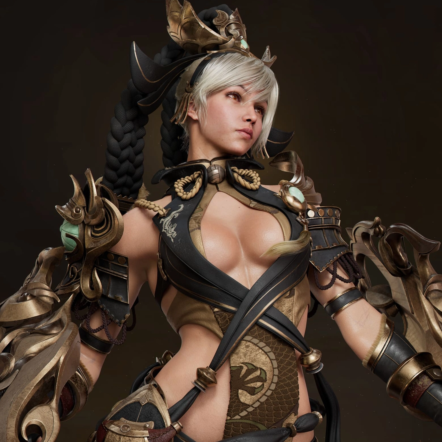 A warrior in intricate gold and black armor, showcasing elaborate details and dynamic design elements, stands confidently.