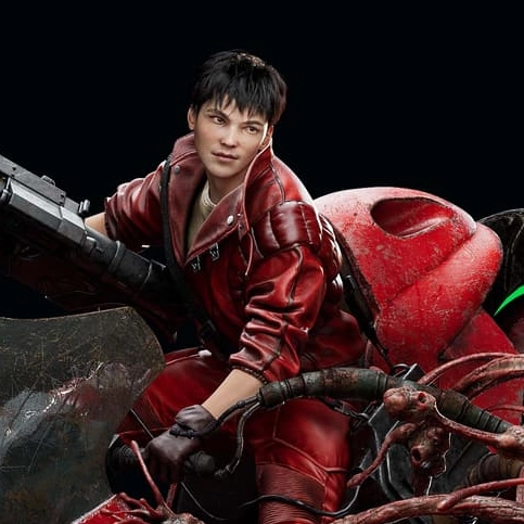 A dynamic scene featuring a futuristic motorcycle with organic tentacles, amidst a dramatic struggle between two characters.
