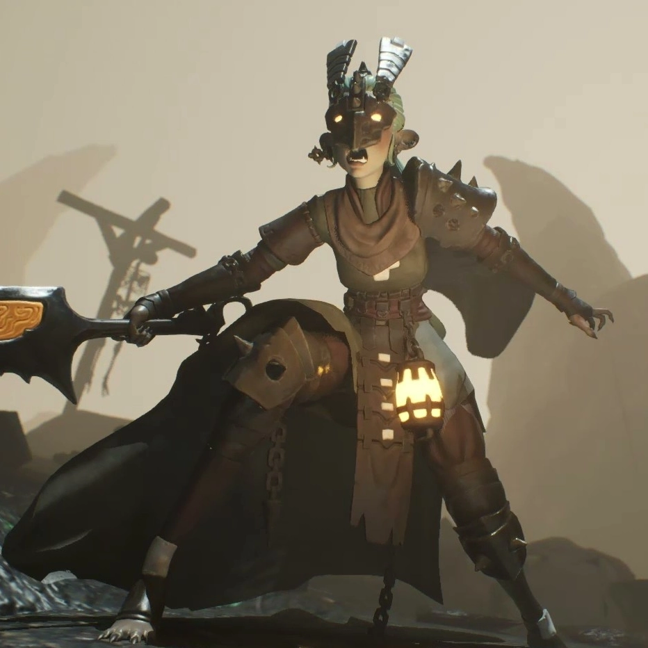 A warrior with a large sword stands in a foggy, rocky landscape. Crucifixes with skeletons are in the background.
