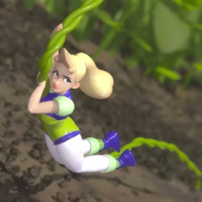 A character in a vibrant green outfit swings from a twisted vine, surrounded by rich soil and lush green plants.