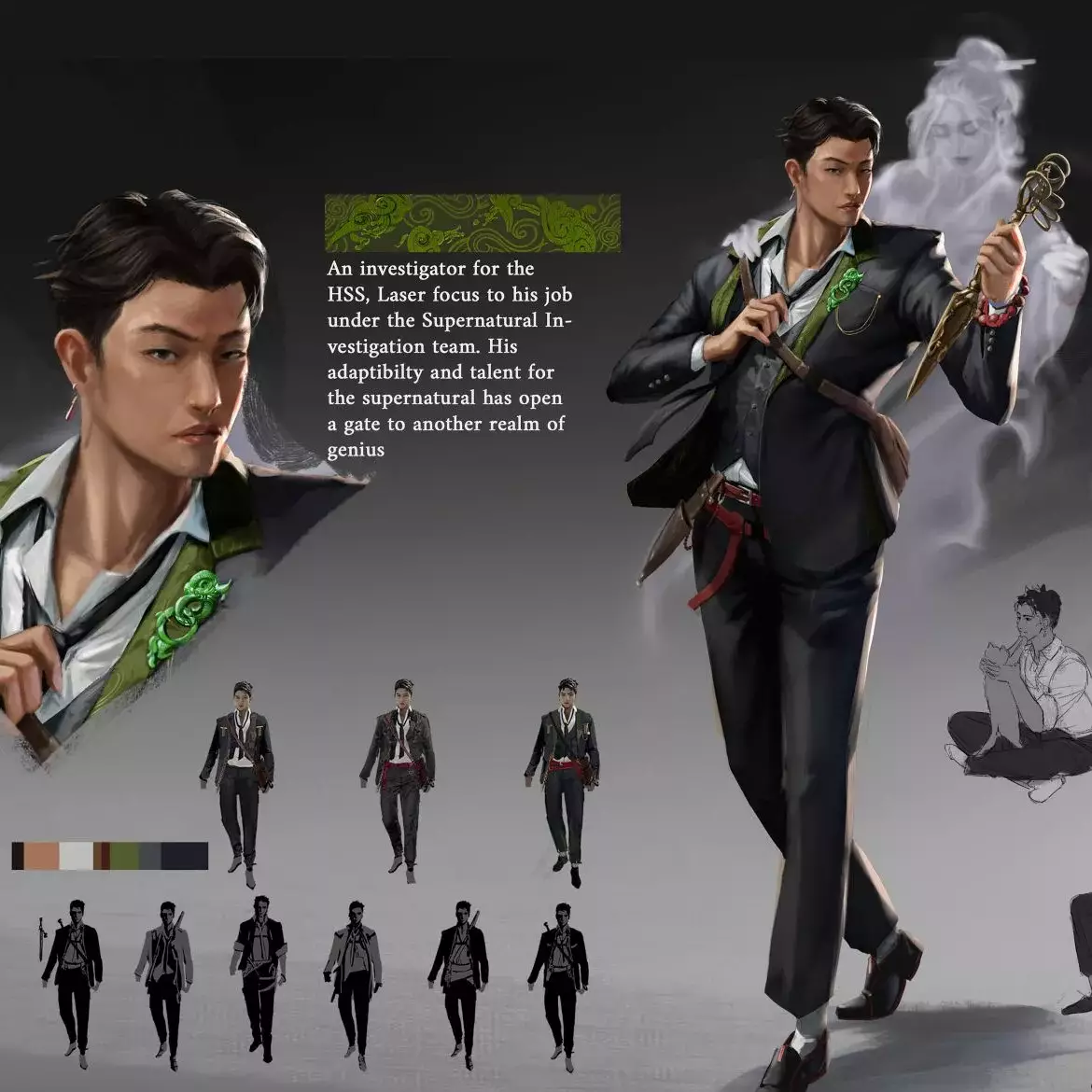 Concept art of an investigator, showcasing various poses, and the thematic elements of his supernatural investigations.