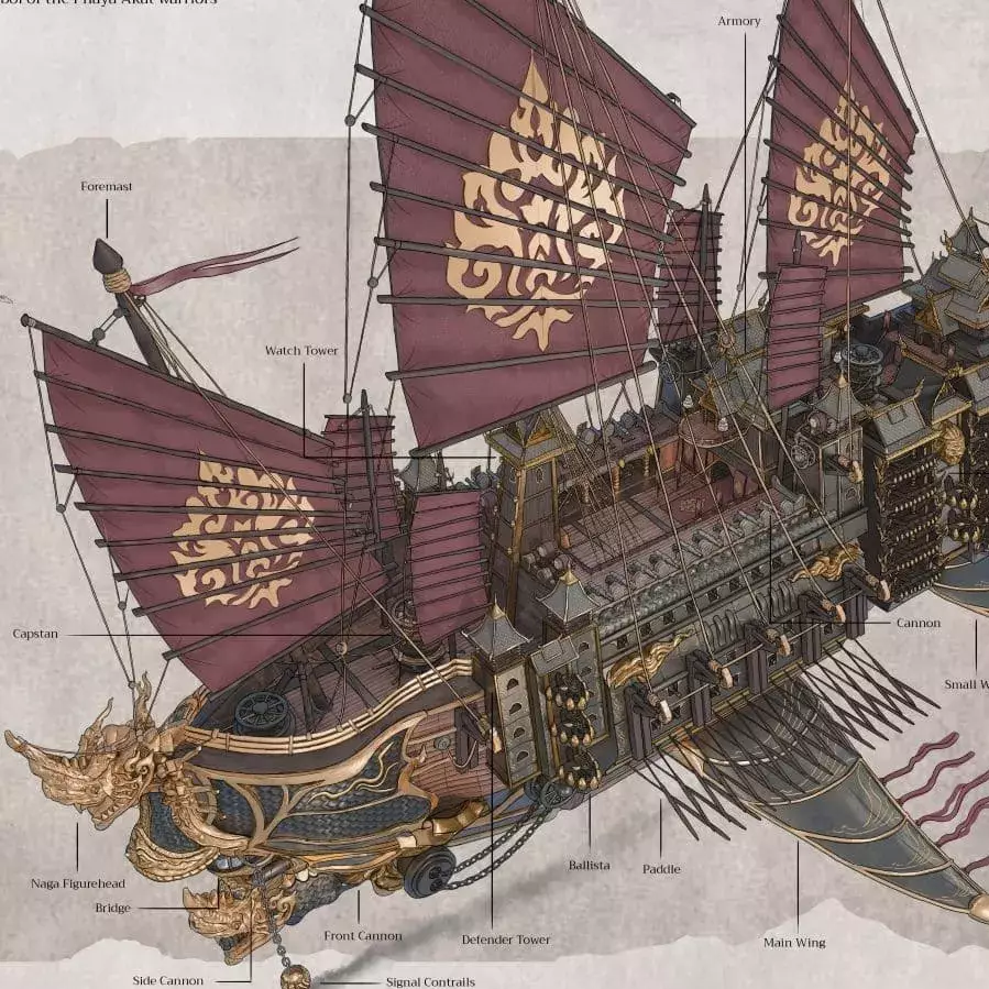 Illustration of the mothership, a majestic flying vessel adorned with Thai architecture, masts, and intricate design details.